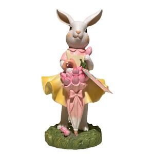 NEW Spring Gatherings EASTER BUNNY Pink RABBIT Figurine W/ Umbrella Decor Statue